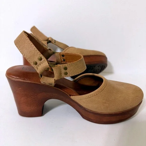 b.o.c. Tan Faux Leather Platform Clog Women 6M Sandals Wood Wedge Heel - Picture 12 of 15